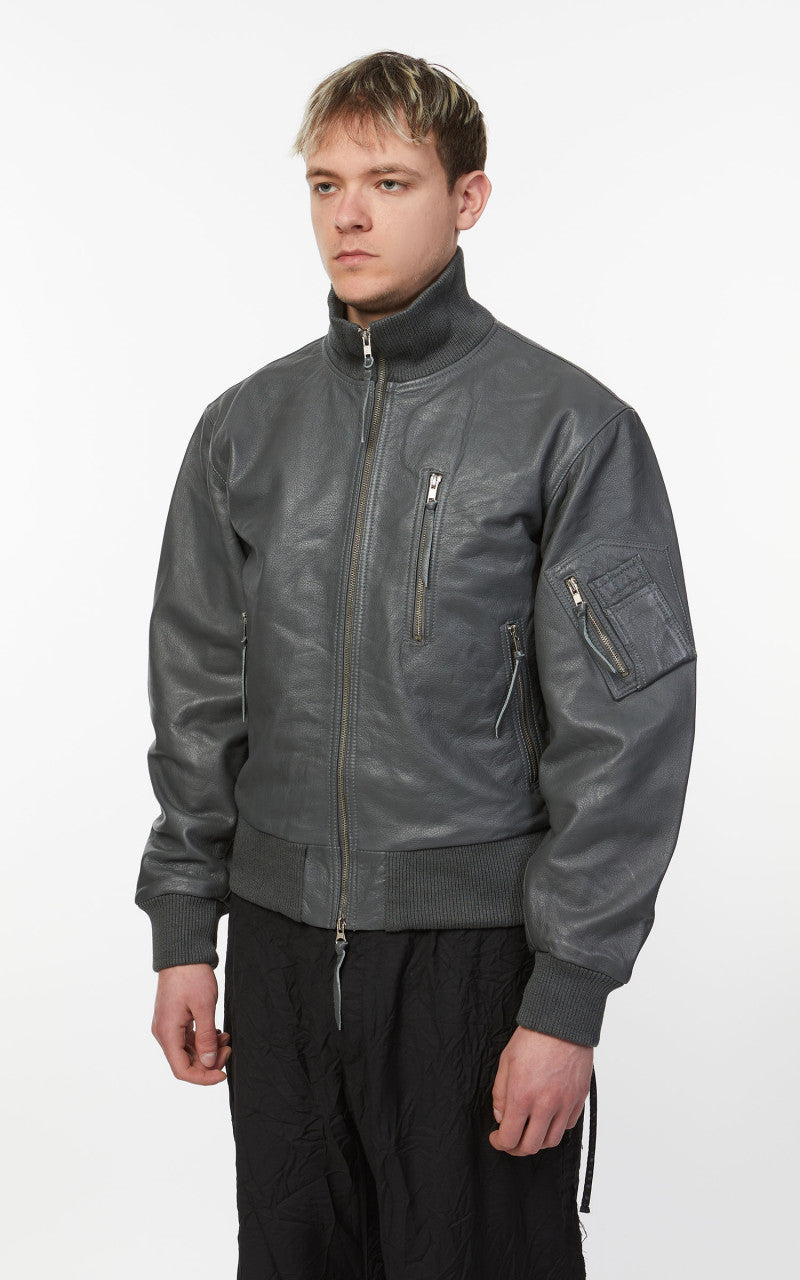 Military Surplus Pilot Flight Leather Jacket Dark Grey