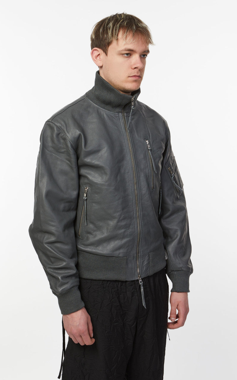 Military Surplus Pilot Flight Leather Jacket Dark Grey
