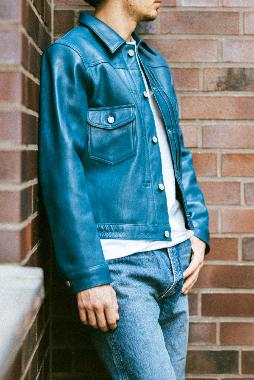 Double Helix Gold Digger Horsehide Leather Jacket Indigo
