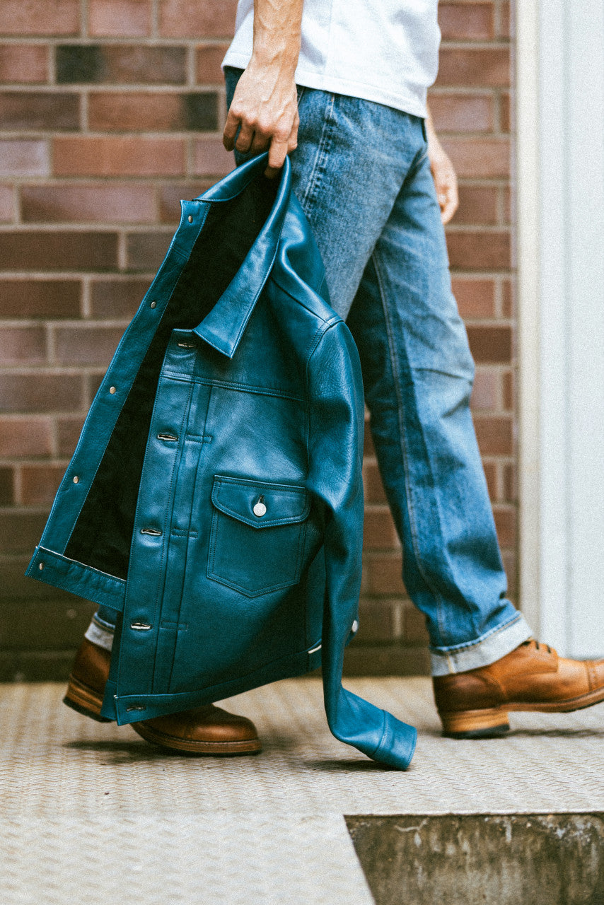 Double Helix Gold Digger Horsehide Leather Jacket Indigo