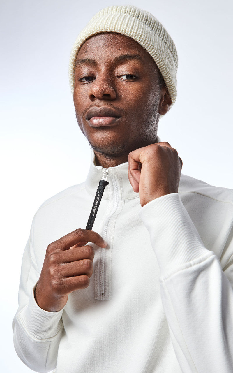 C.P. Company Diagonal Raised Fleece Half Zip Jumper Gauze White