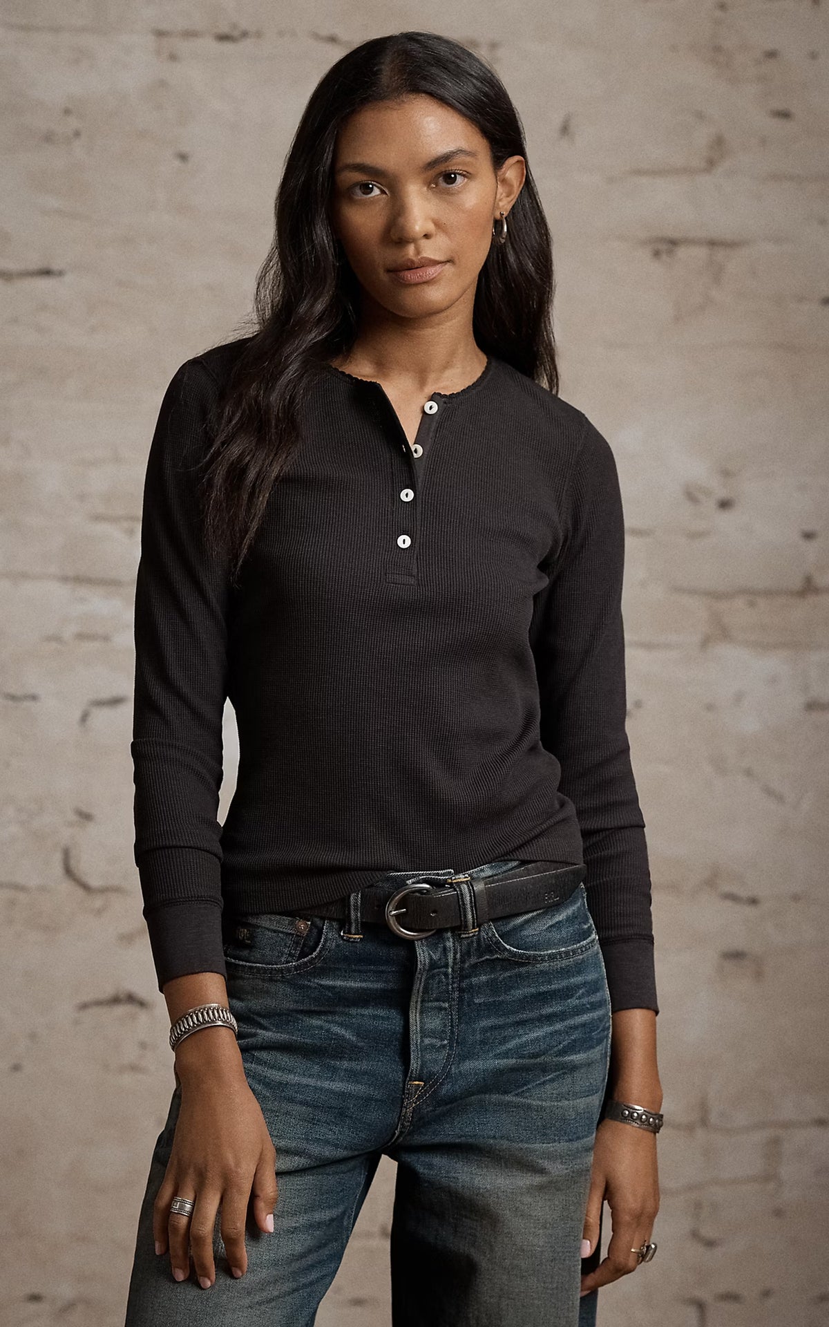 RRL Stretch Waffle-Knit Henley Shirt Sparrow Brown