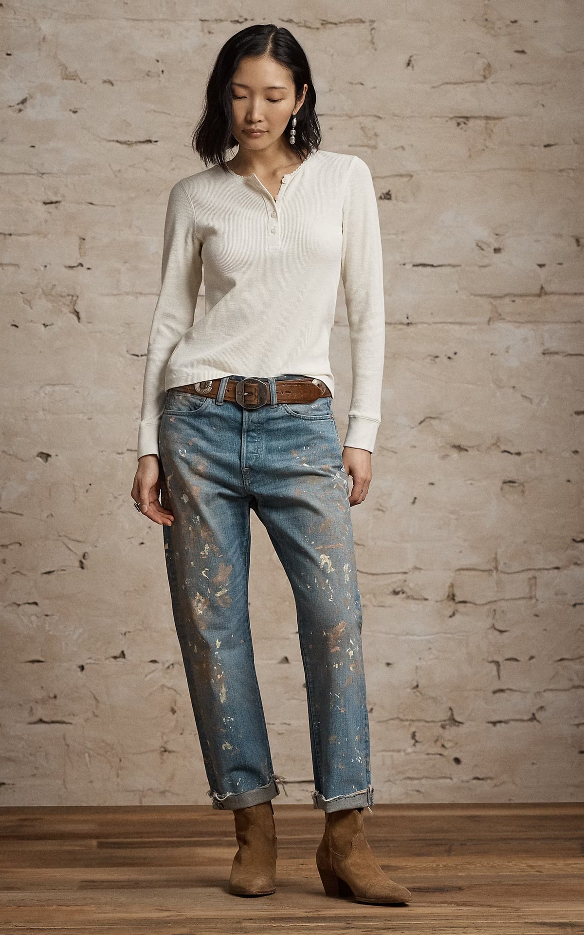 RRL Stretch Waffle-Knit Henley Shirt Antique Cream