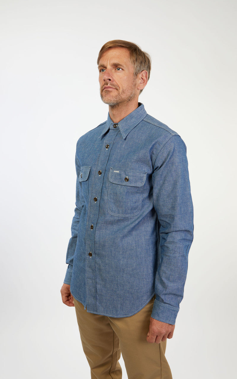 Warehouse & Co. 3036 Chambray Shirt Duck Digger W/ Elbow Patch Saxe Blue