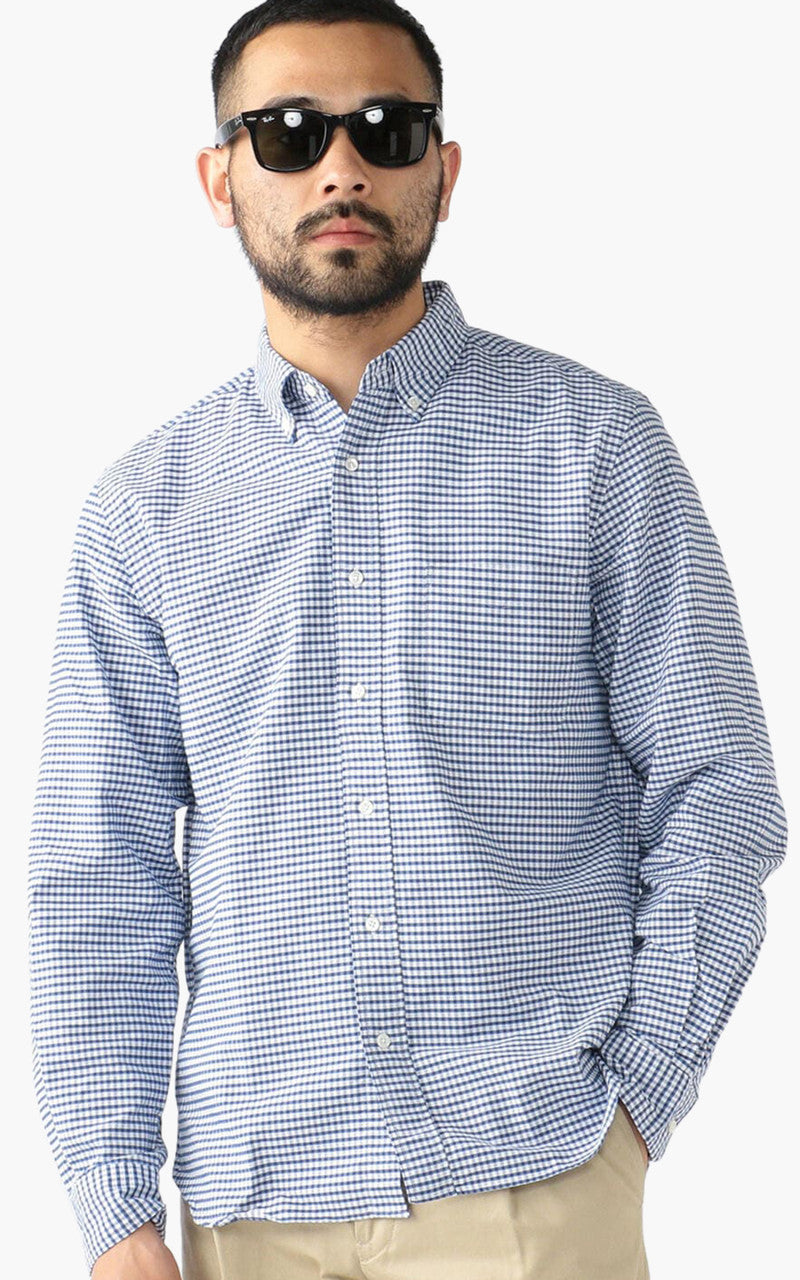 Beams Plus Oxford Gingham Check Button-Down Shirt Blue