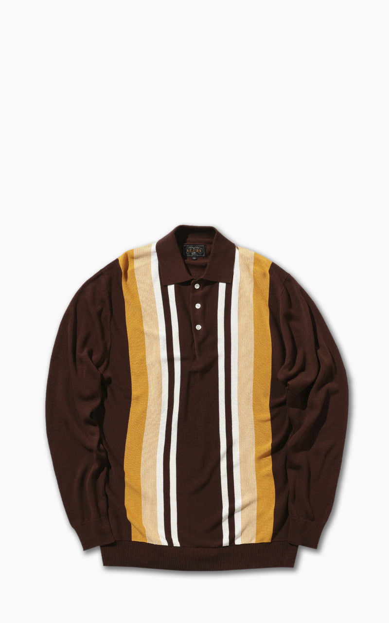 Beams Plus Knit 12-Gauge Striped Polo Shirt Brown