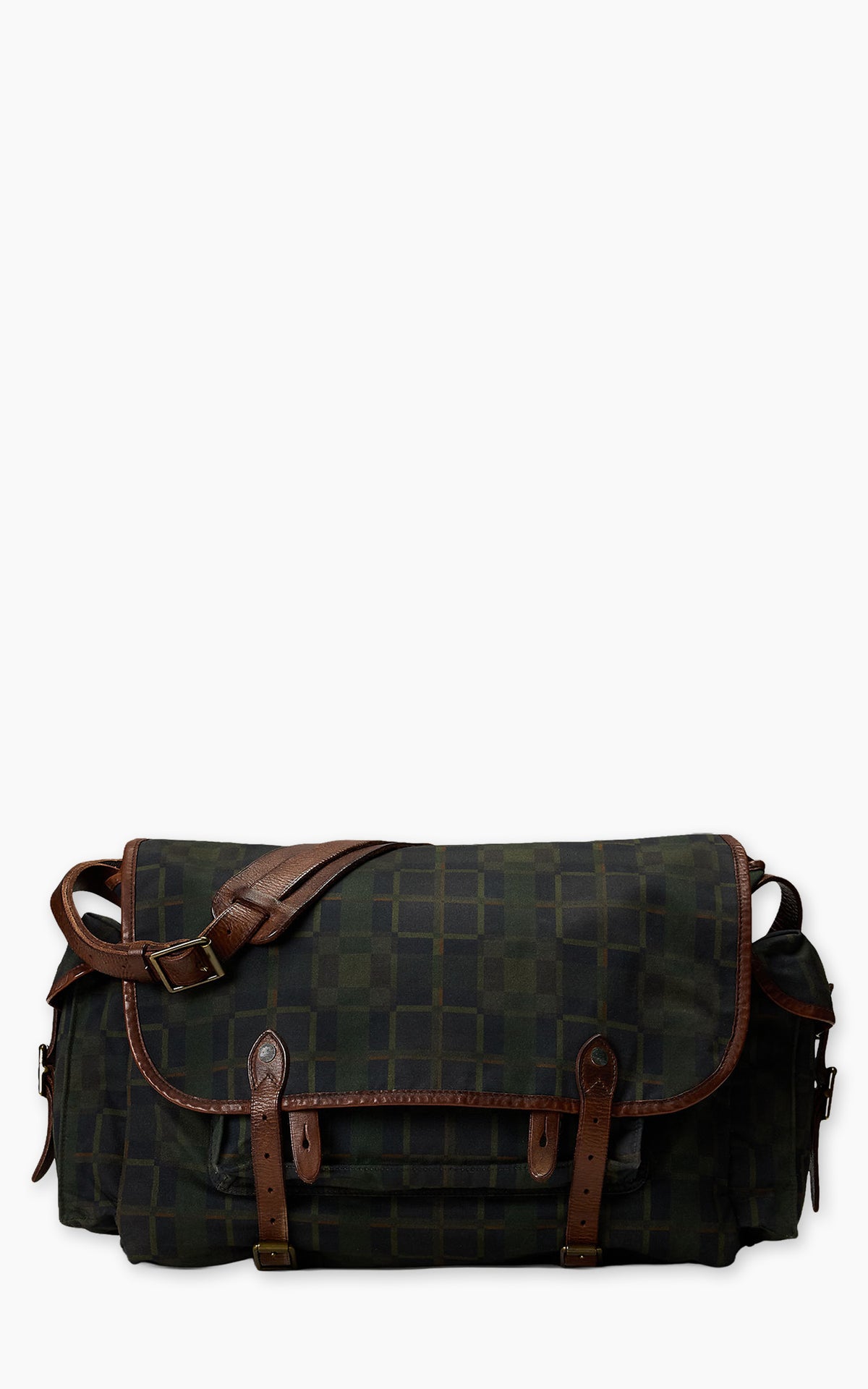 RRL Check-Print Oilcloth Messenger Bag Navy Multi Plaid