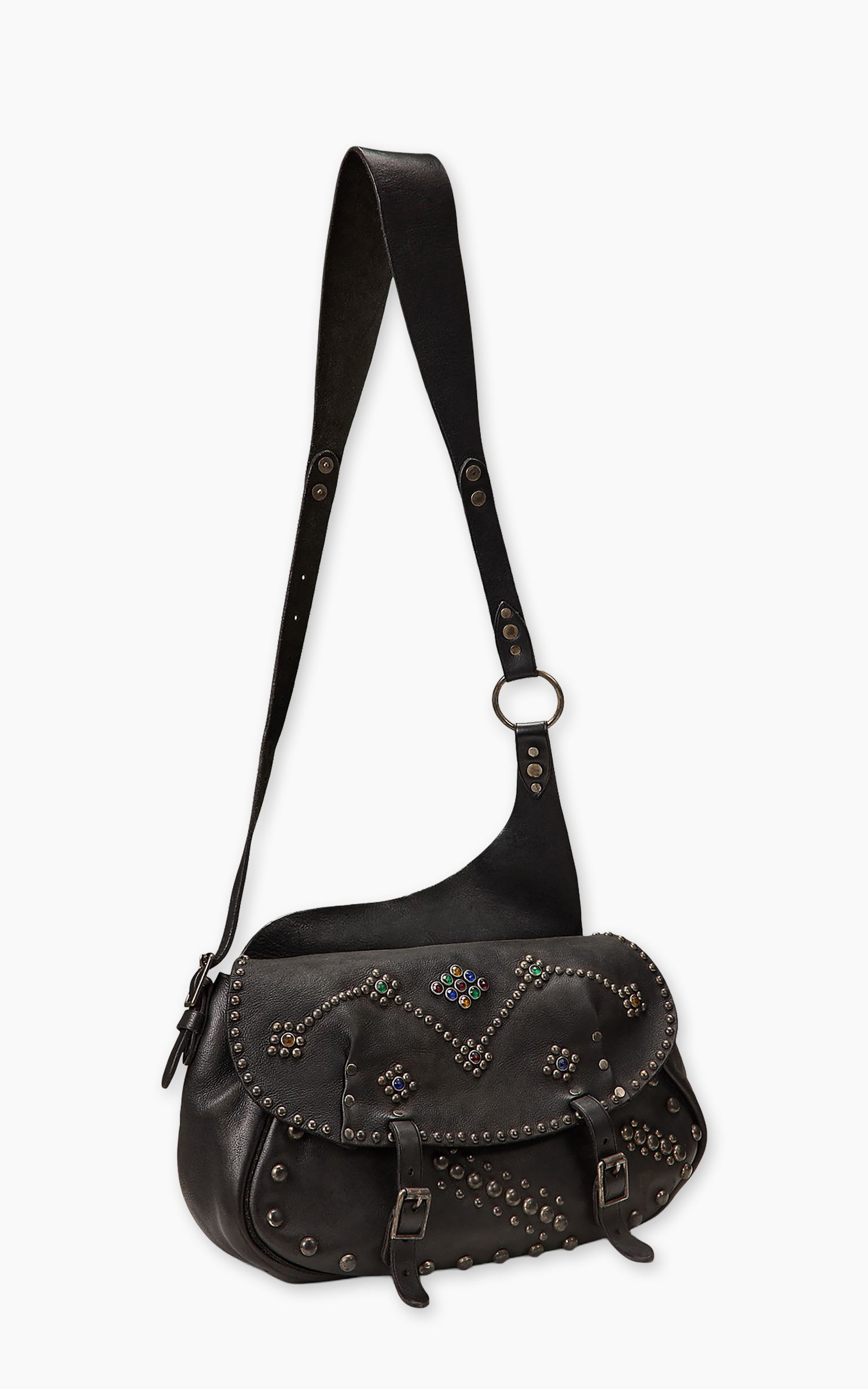 RRL Studded Leather Saddle Bag Black/Vintage Silver