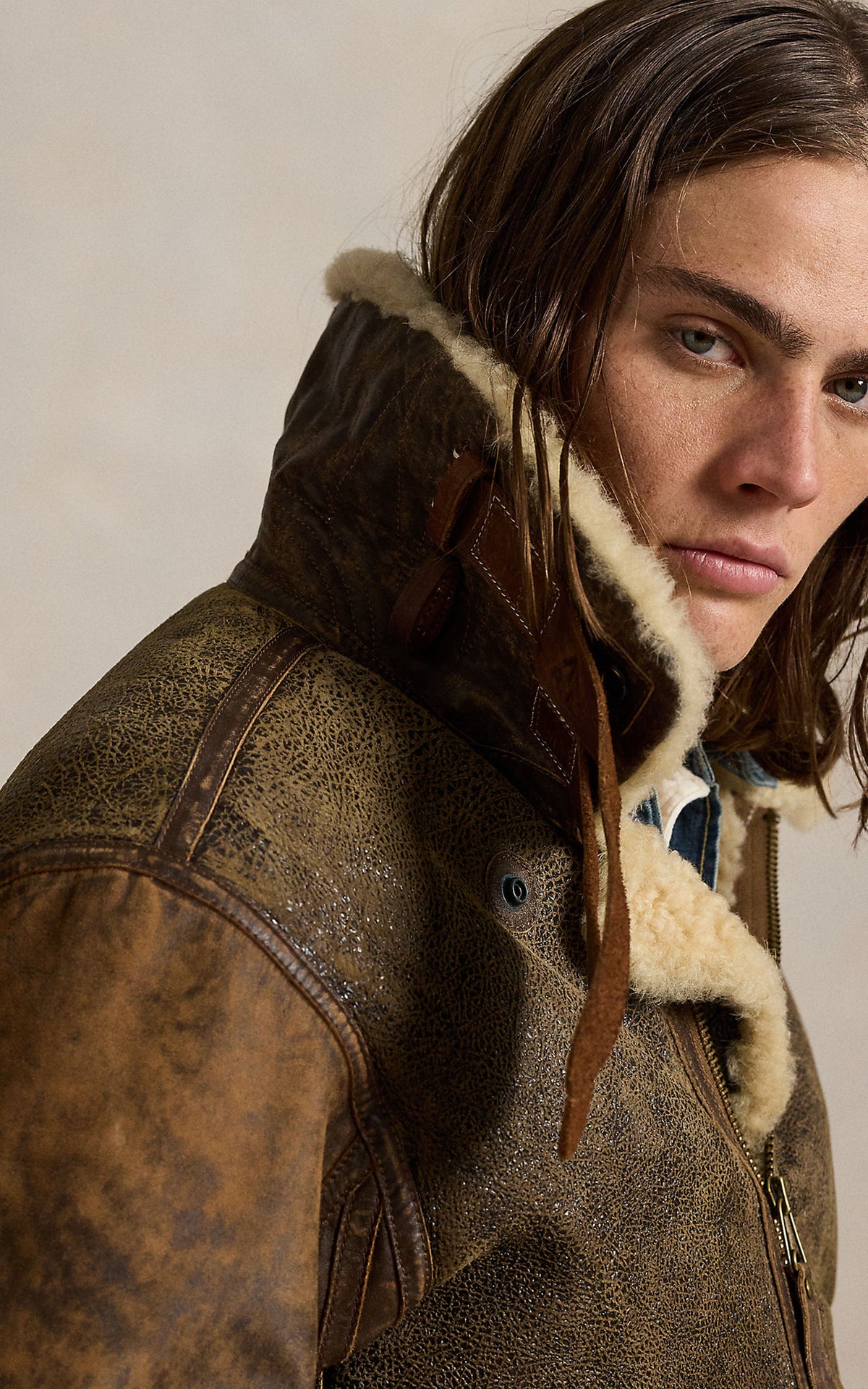 Polo Ralph Lauren Leather-Trim Shearling Flight Jacket Brown Earth