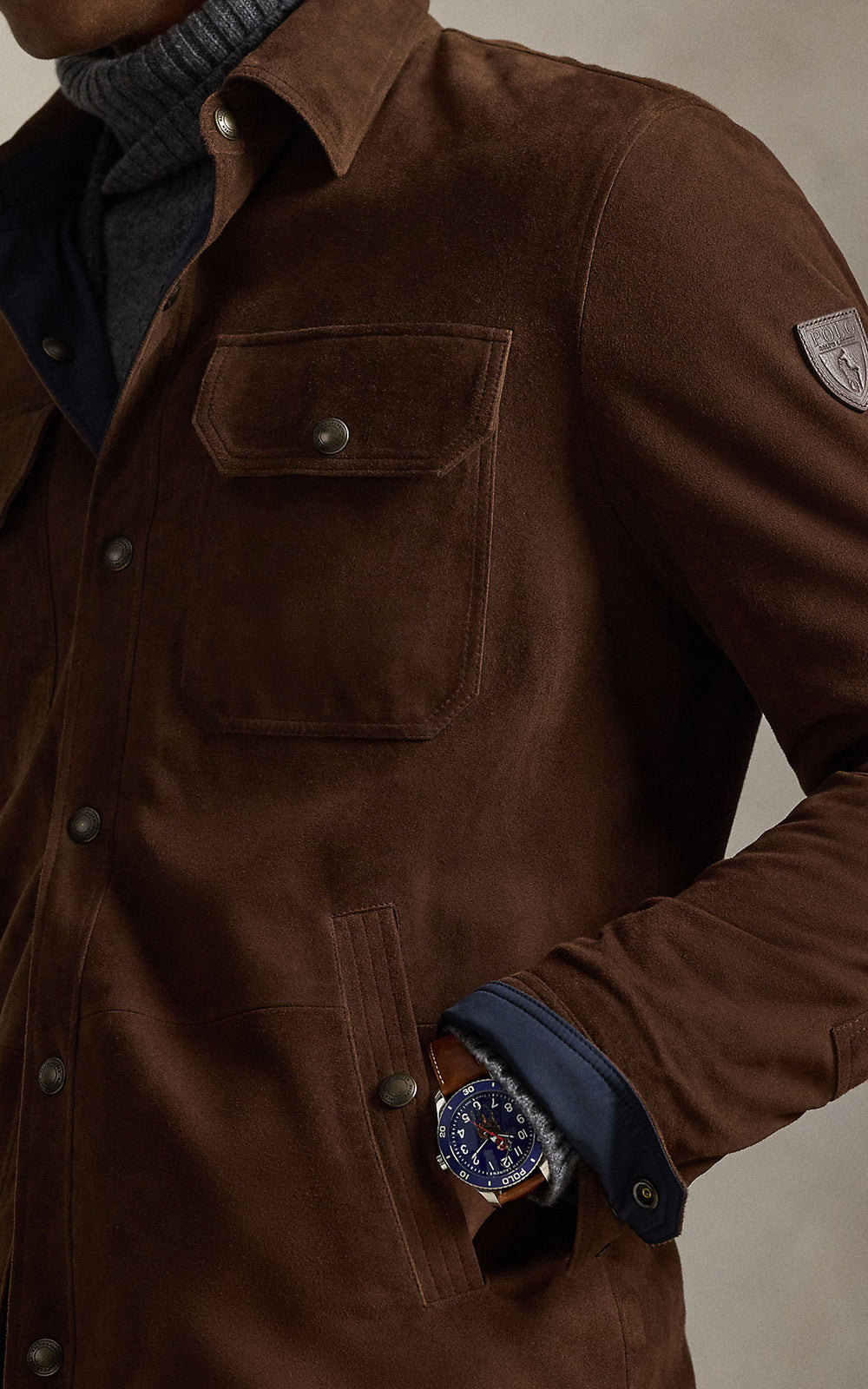 Polo Ralph Lauren Reversible Suede-Taffeta Shirt Jacket Cooper Brown/Collection Navy