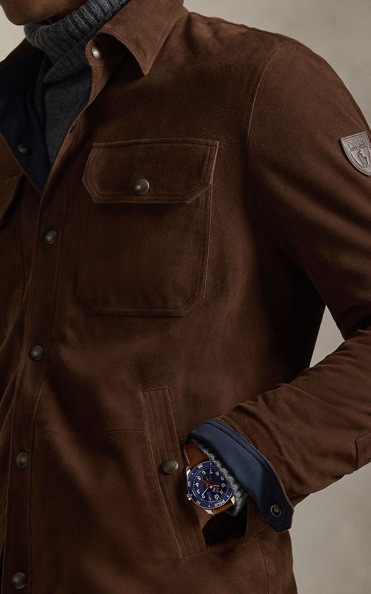 Polo Ralph Lauren Reversible Suede-Taffeta Shirt Jacket Cooper Brown/Collection Navy