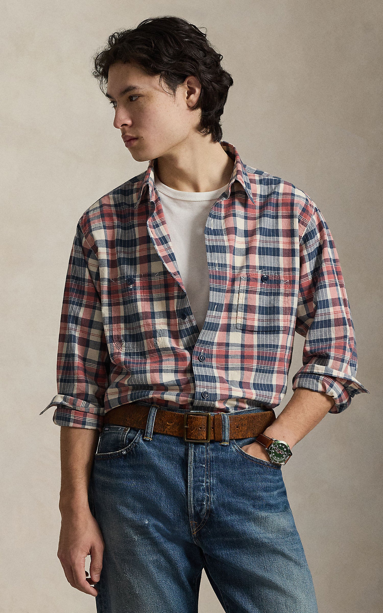 Polo Ralph Lauren Classic Fit Repaired Madras Workshirt Cream Navy