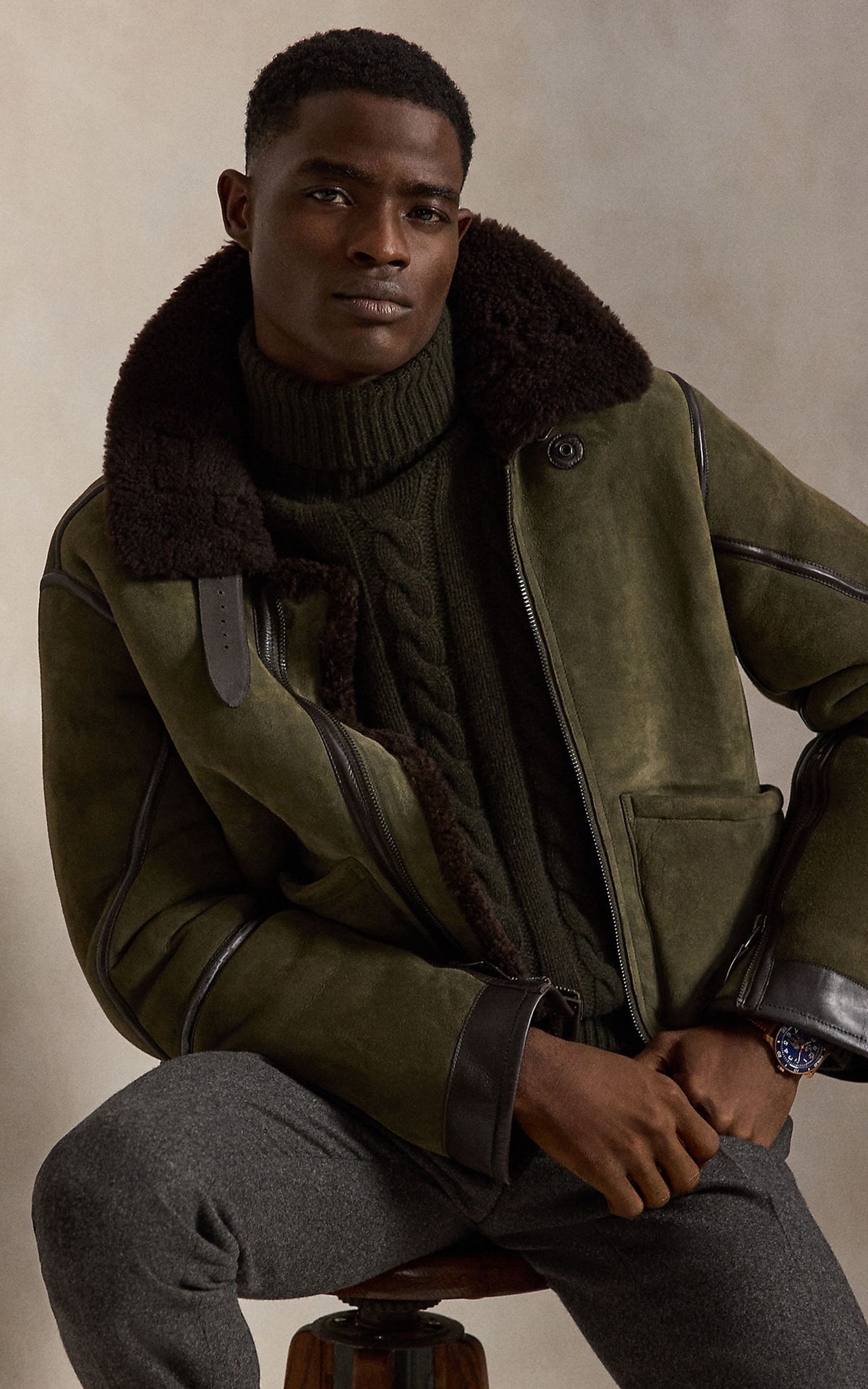 Polo Ralph Lauren Shearling Flight Jacket Myrtle Green/Dark Brown