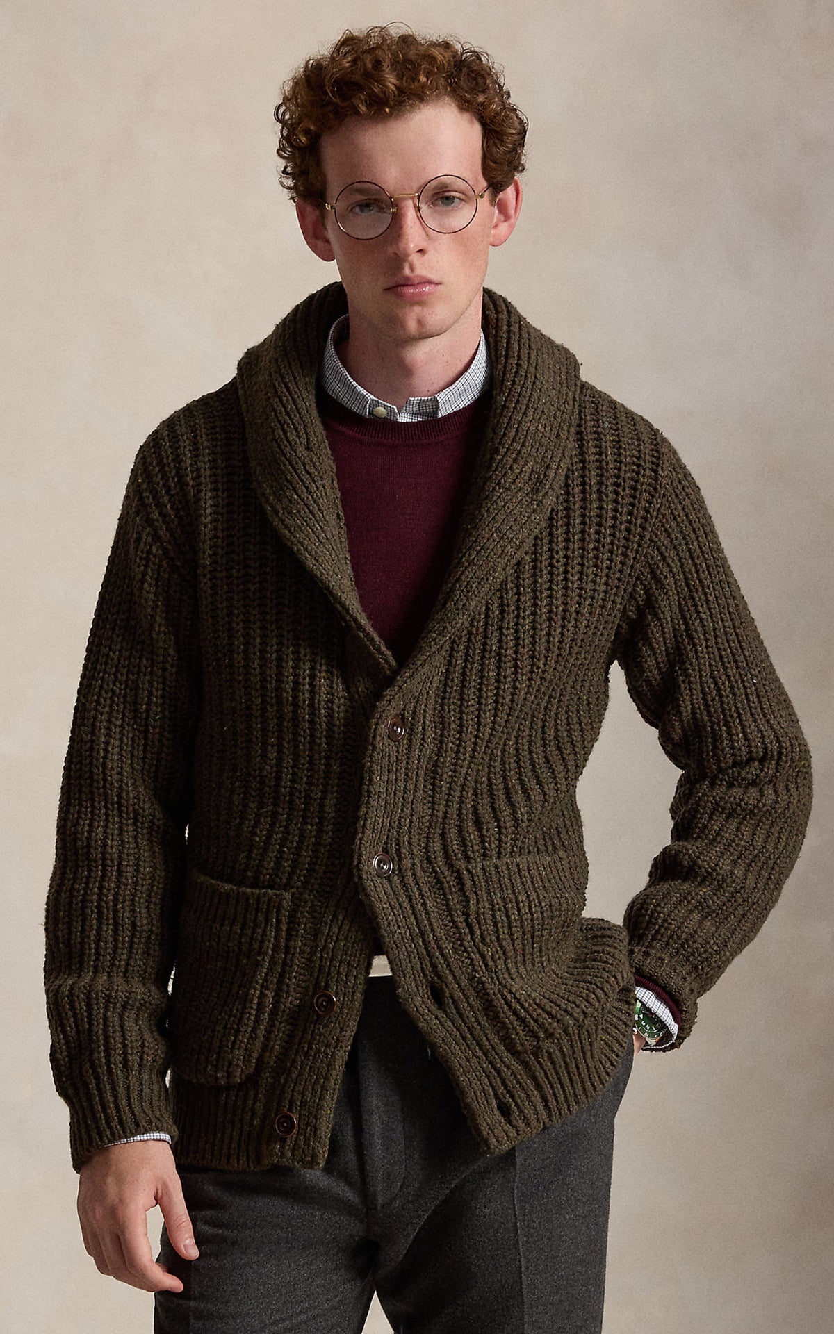 Polo Ralph Lauren Wool-Blend Shawl Cardigan Olive Brown Marl