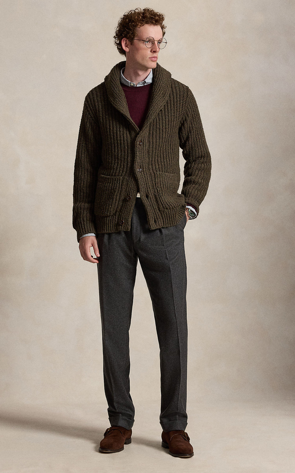 Polo Ralph Lauren Wool-Blend Shawl Cardigan Olive Brown Marl