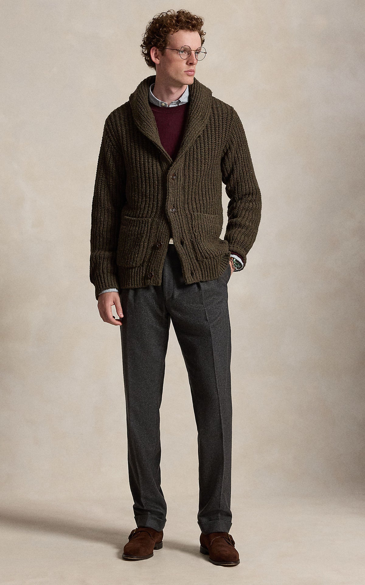 Polo Ralph Lauren Wool-Blend Shawl Cardigan Olive Brown Marl