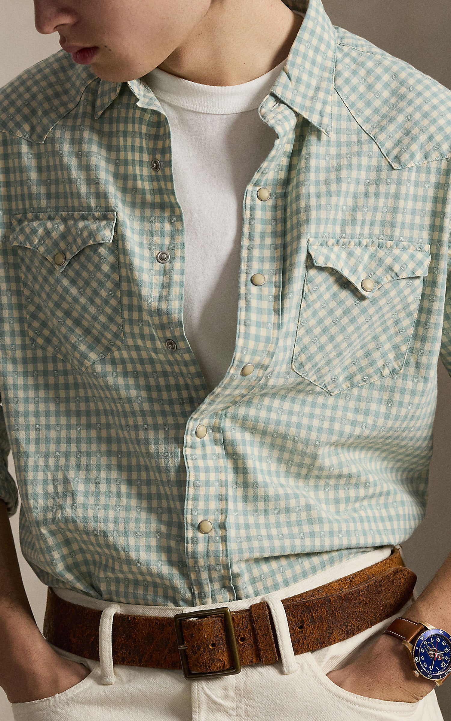 Polo Ralph Lauren Classic Fit Madras Western Shirt Off White Green