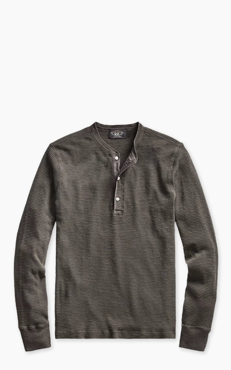 RRL Waffle-Knit L/S Henley Shirt Faded Black Canvas