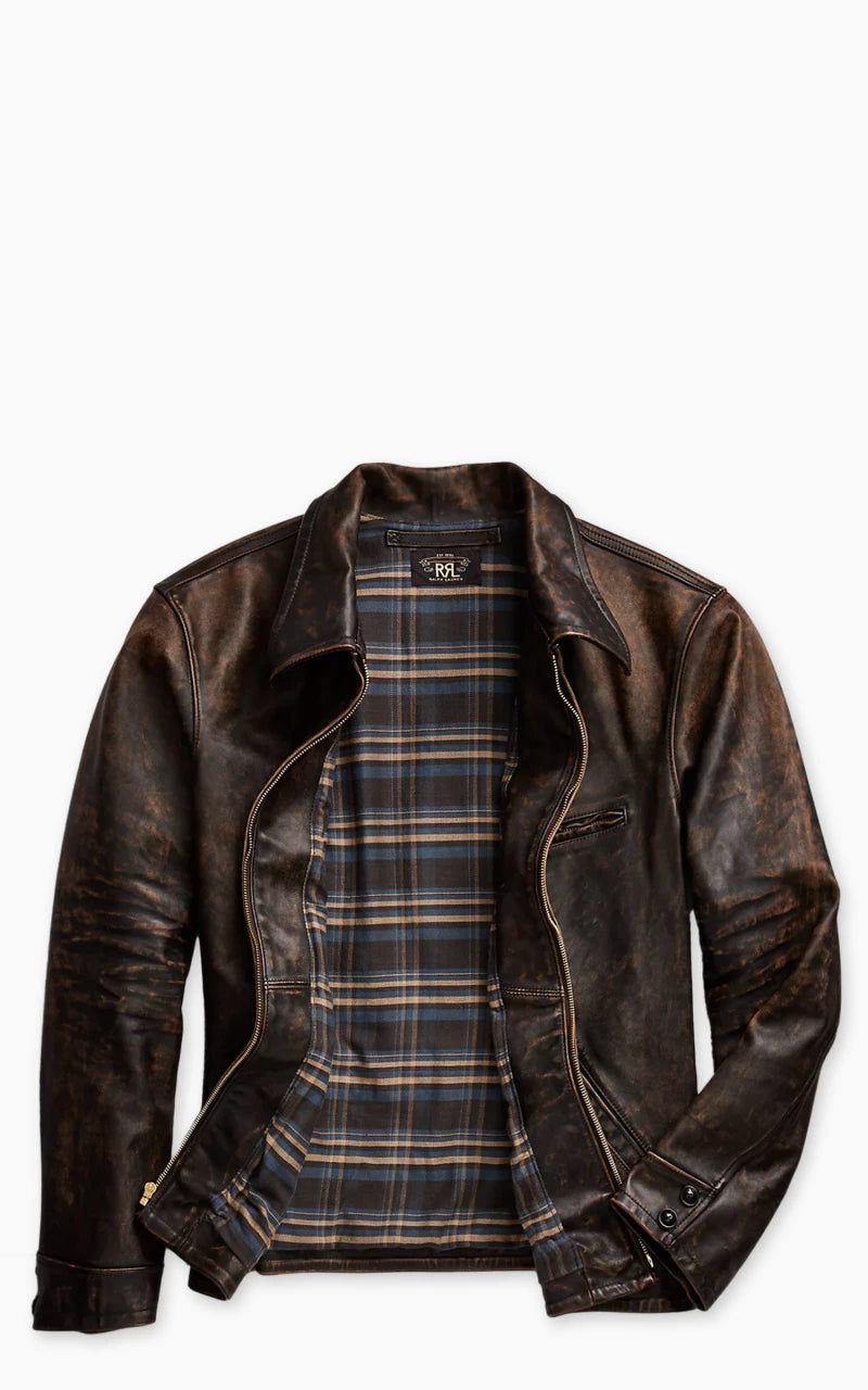 RRL Lynton Moto Leather Jacket Black Over Brown