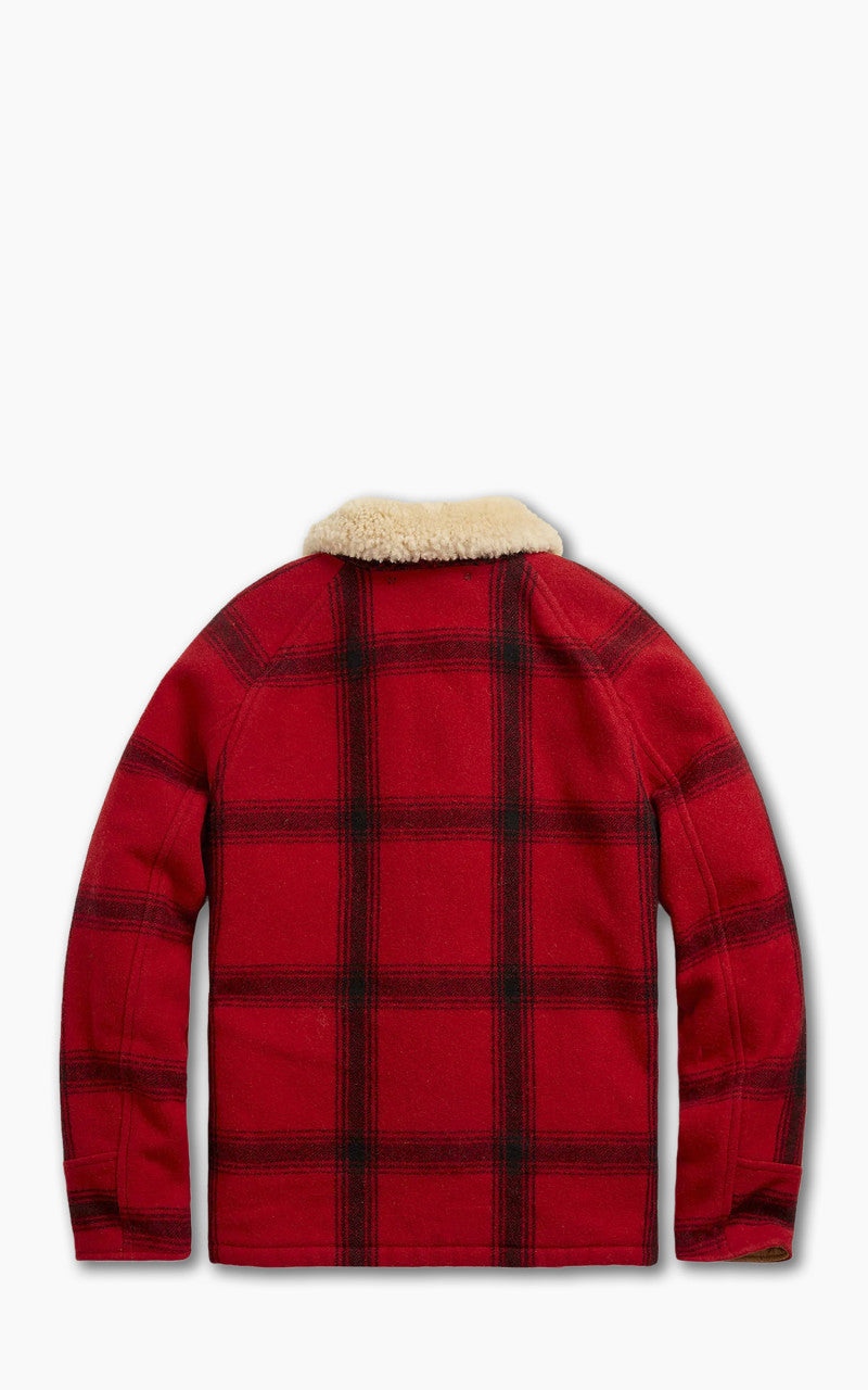 RRL Shearling-Collar Plaid Wool Jacket Red/Black Multi
