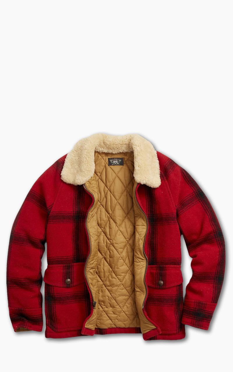 RRL Shearling-Collar Plaid Wool Jacket Red/Black Multi