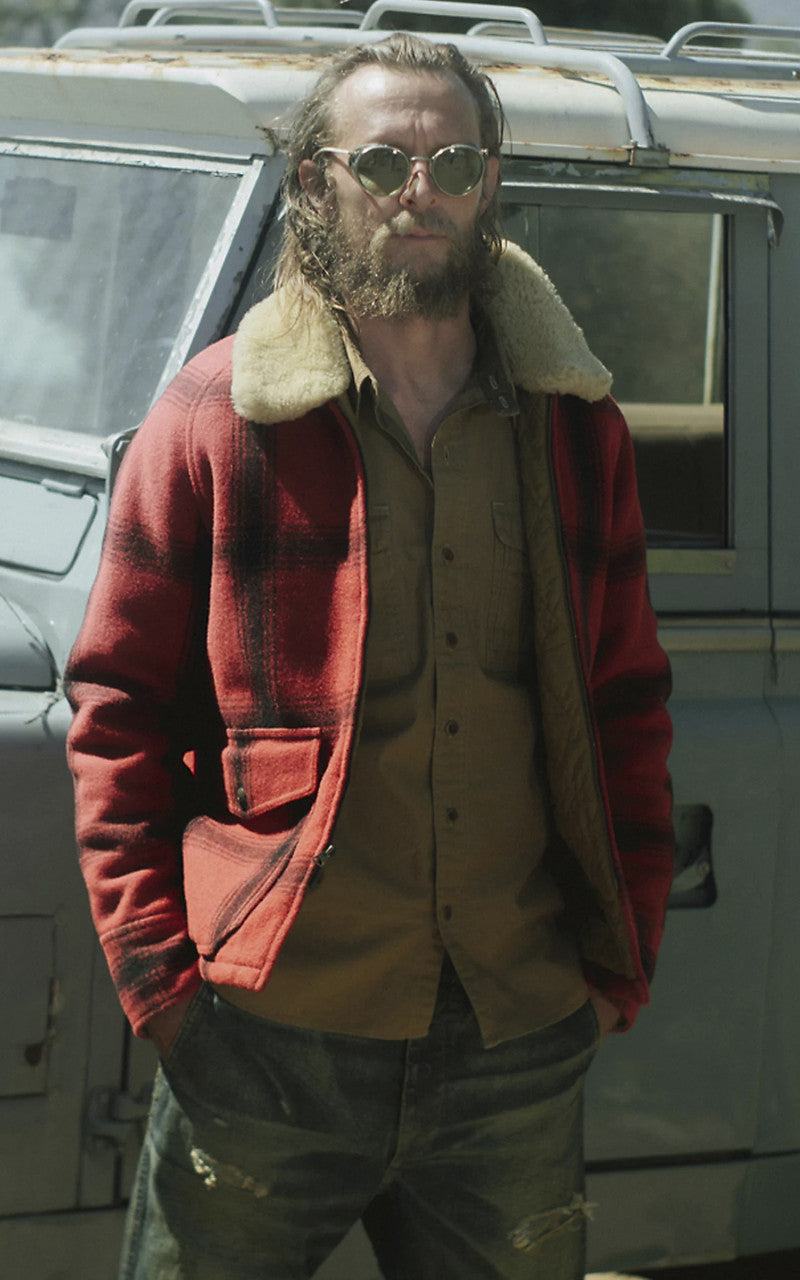 RRL Shearling-Collar Plaid Wool Jacket Red/Black Multi