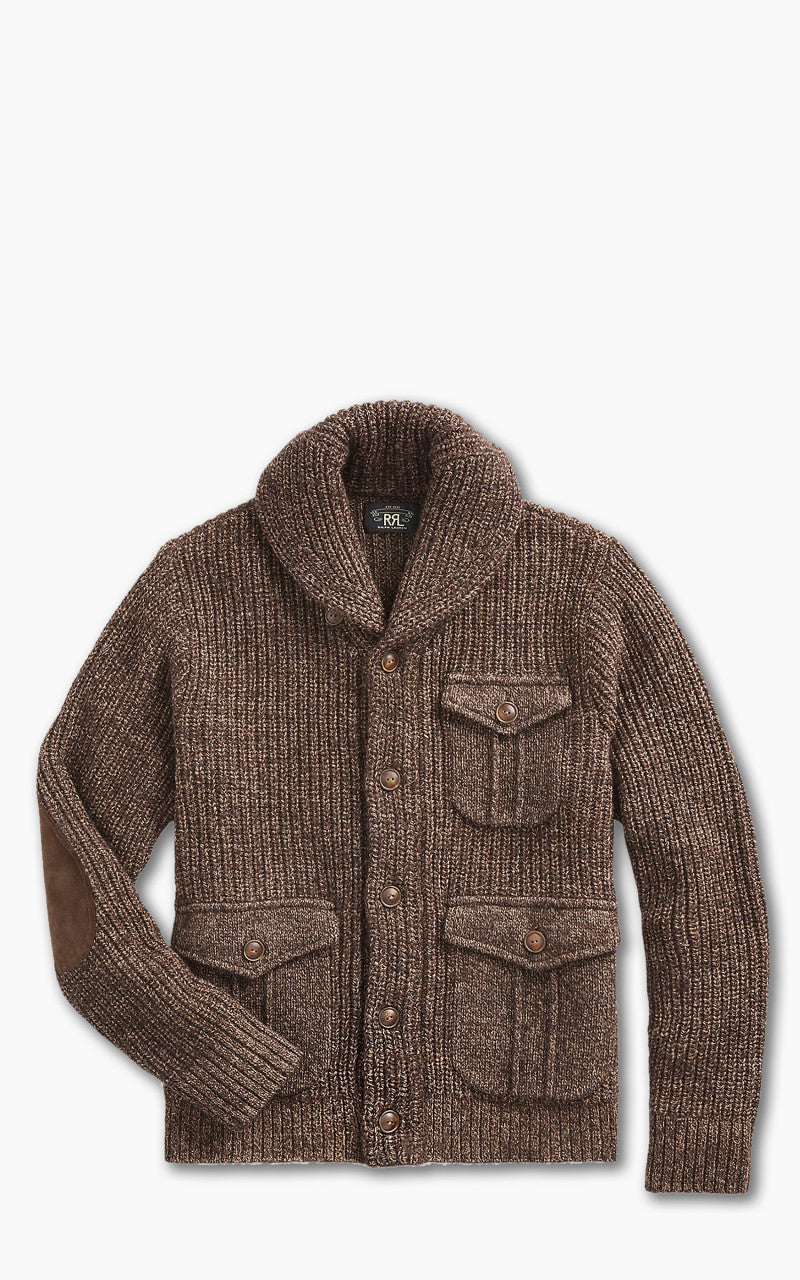 RRL Suede-Trim Marled Shawl Cardigan Brown Tan Marl