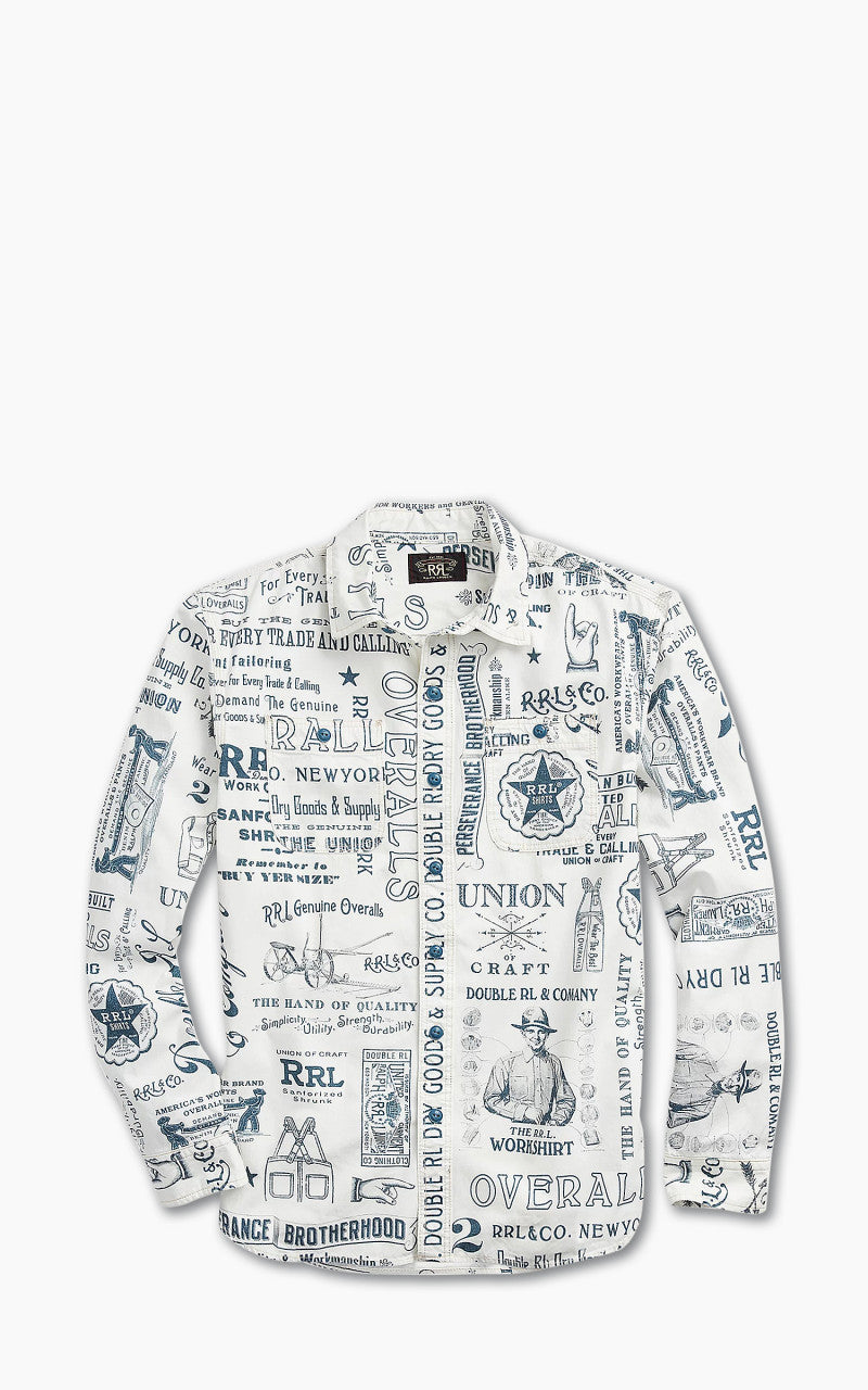 RRL Poplin Graphic Workshirt White/Blue