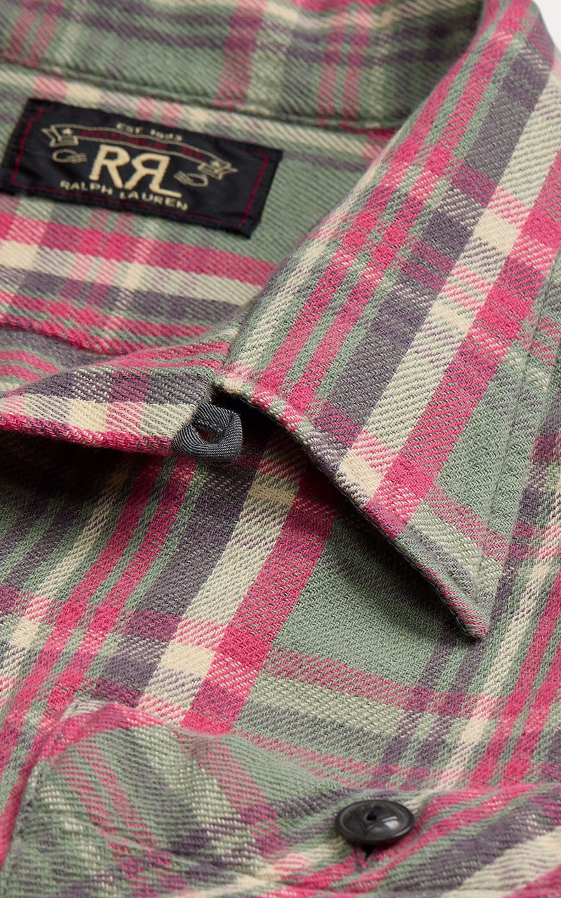 RRL Monterey Plaid Twill Camp Shirt Sage/Red