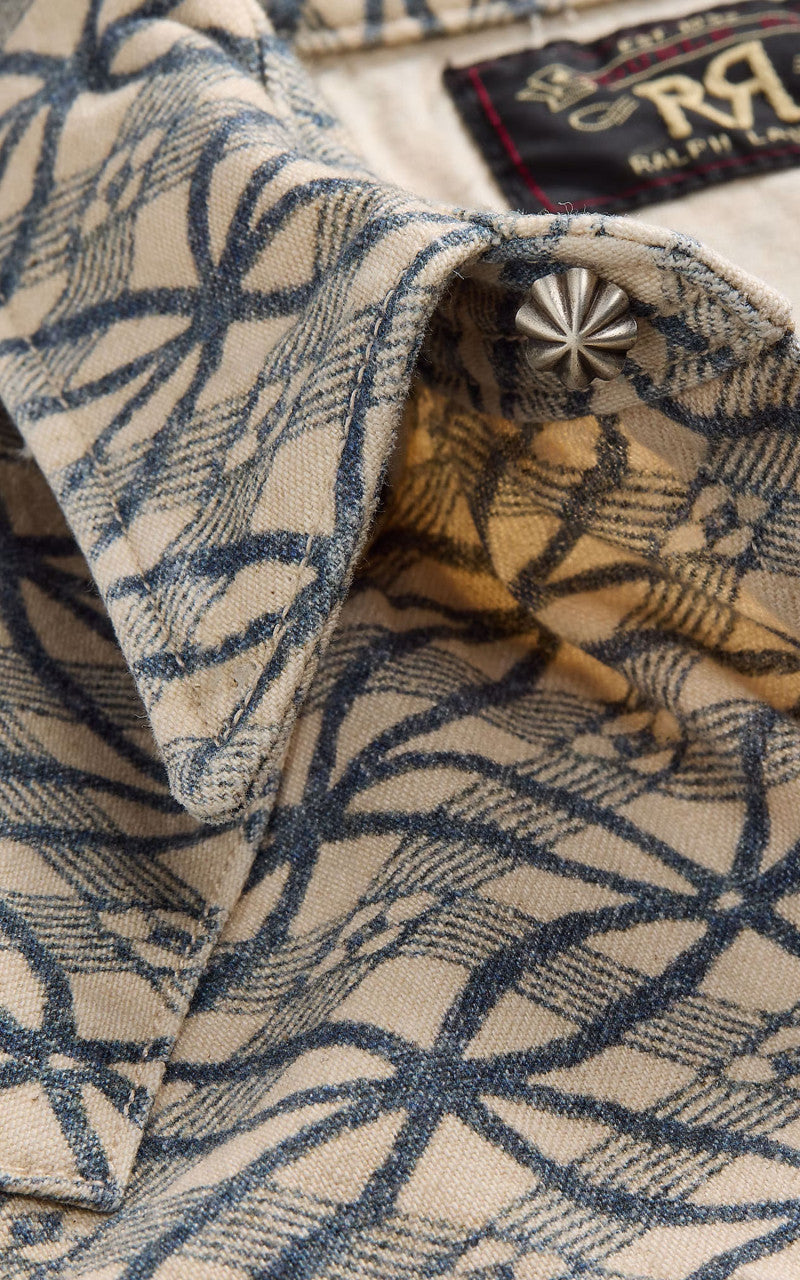 RRL Allen Indigo Print Denim Western Shirt Cream/Indigo