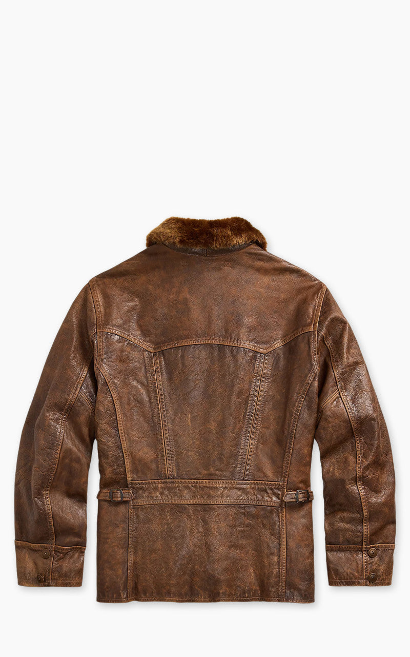 RRL Thurston Shearling-Collar Leather Car Coat Vintage Brown