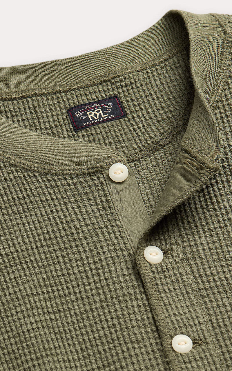 RRL Garment-Dyed Waffle-Knit Henley Shirt Olive