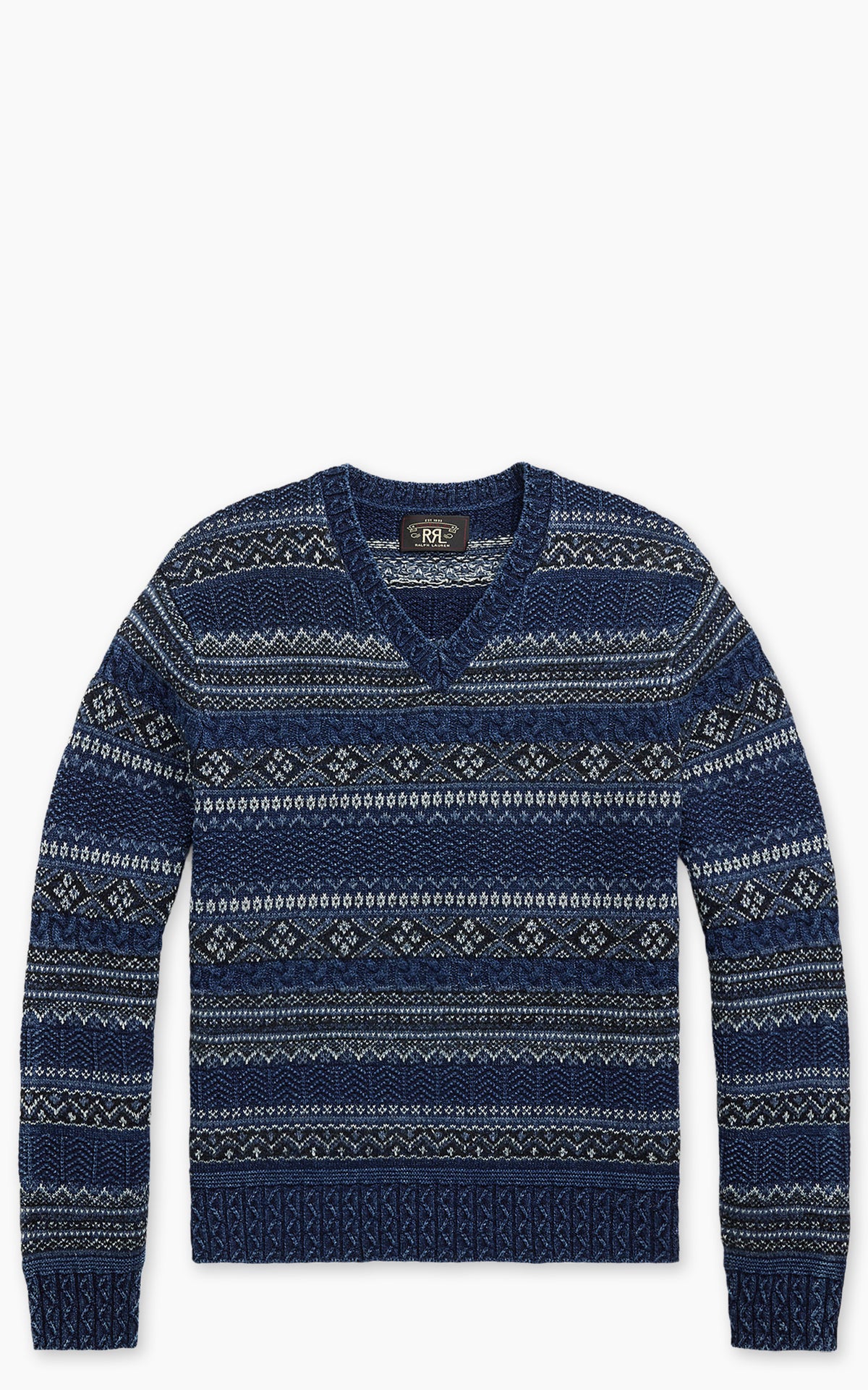 RRL Indigo Fair Isle Cotton-Linen Sweater Indigo Multi