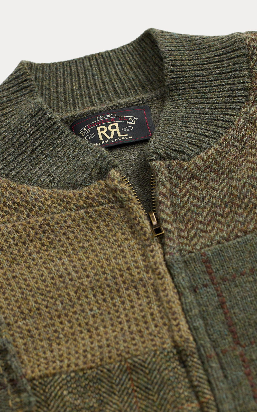 RRL Patchwork Wool-Cashmere Sweater Jacket Olive Multi