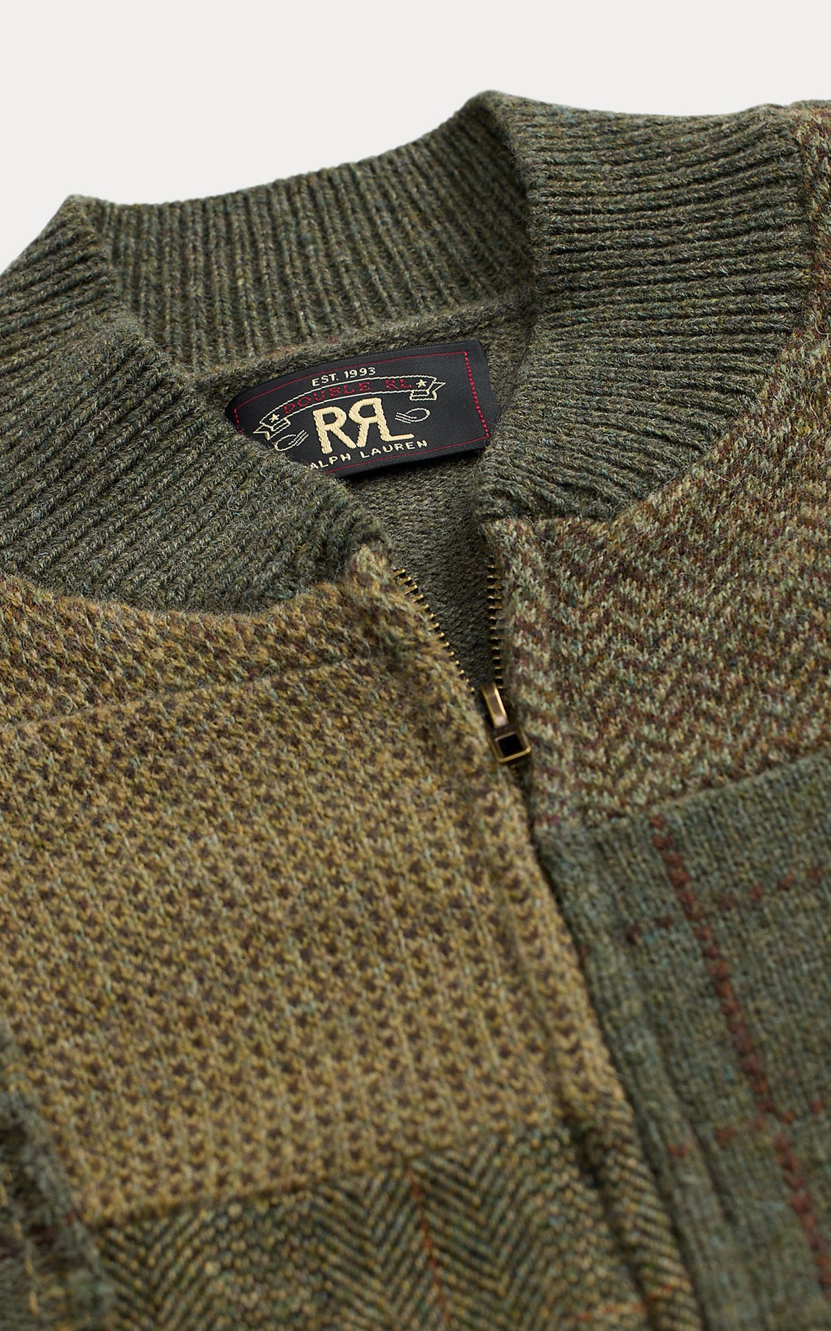 RRL Patchwork Wool-Cashmere Sweater Jacket Olive Multi