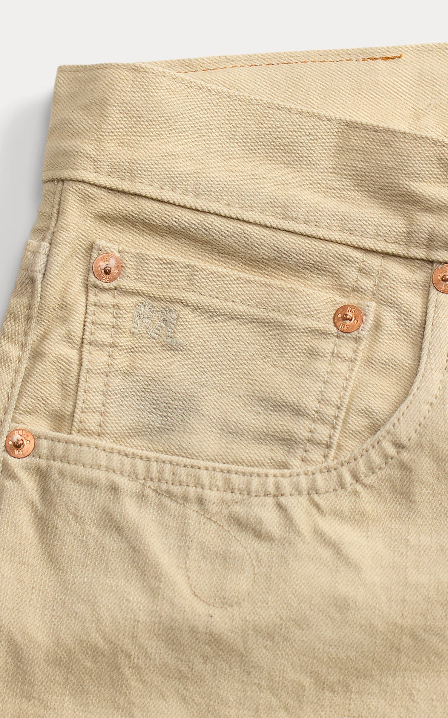 RRL Slim Boot Cream Selvedge Jean Distressed Cream