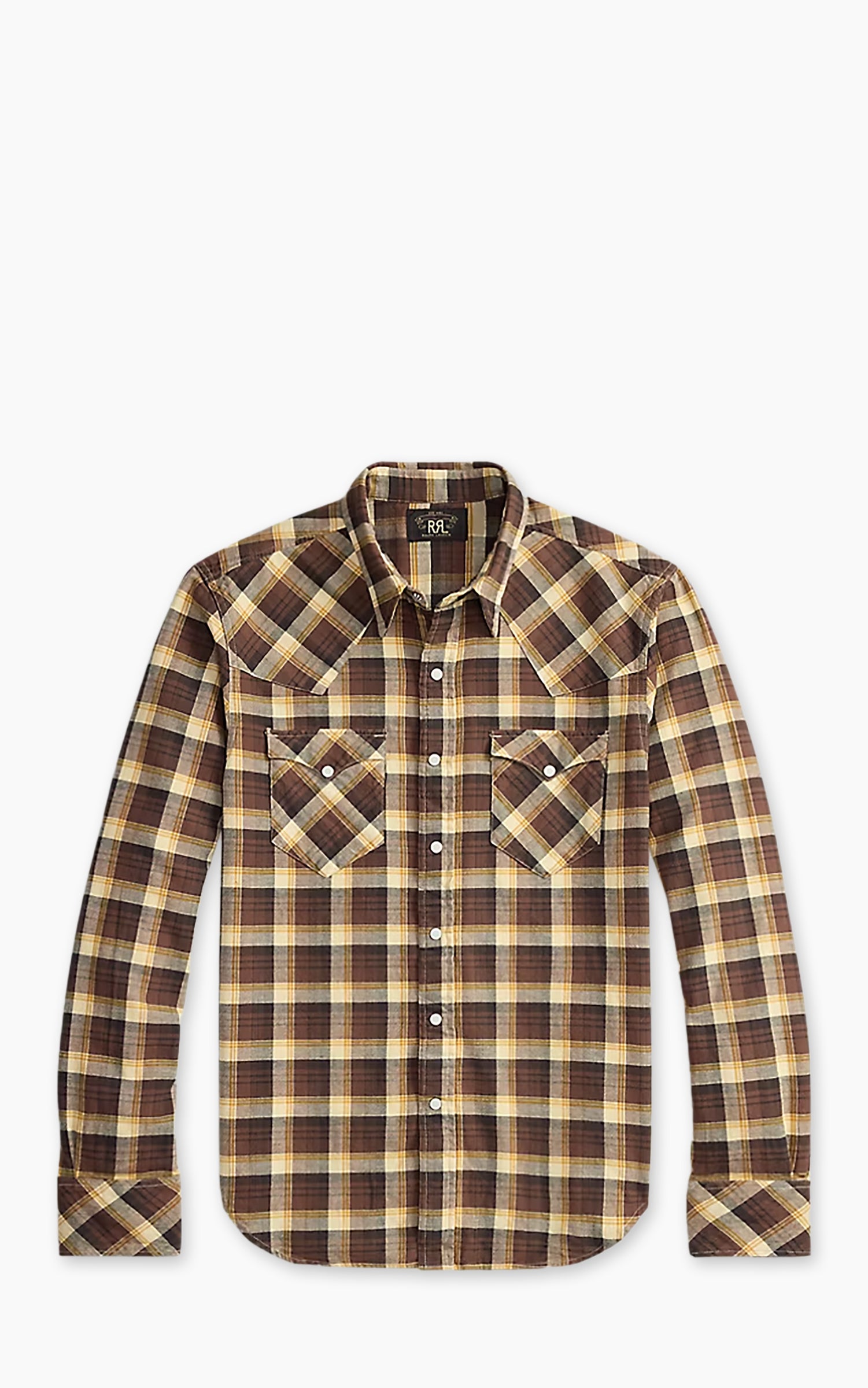 RRL Slim Fit Plaid Twill Western Shirt Brown/Mustard/Cream