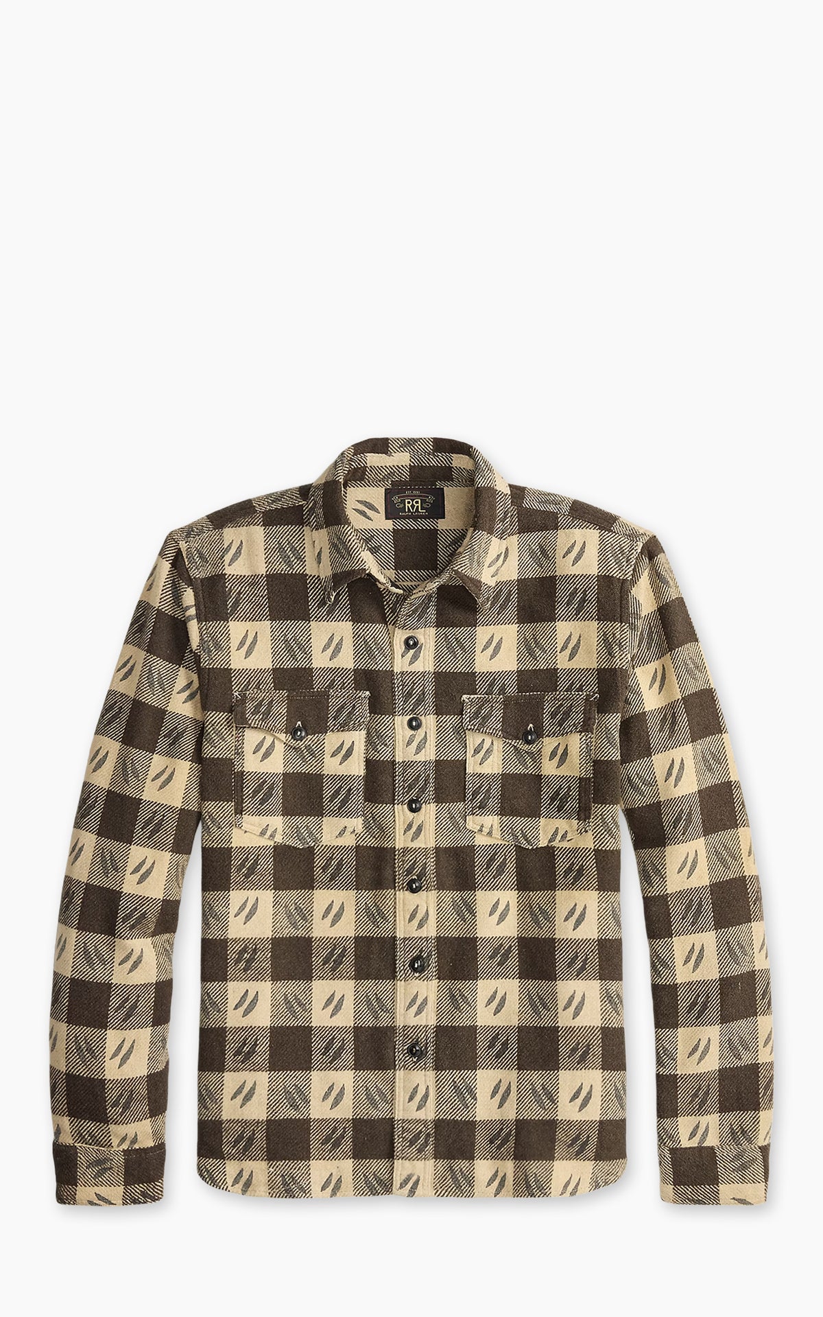 RRL Leaf-Print Checked Twill Workshirt Brown/Cream