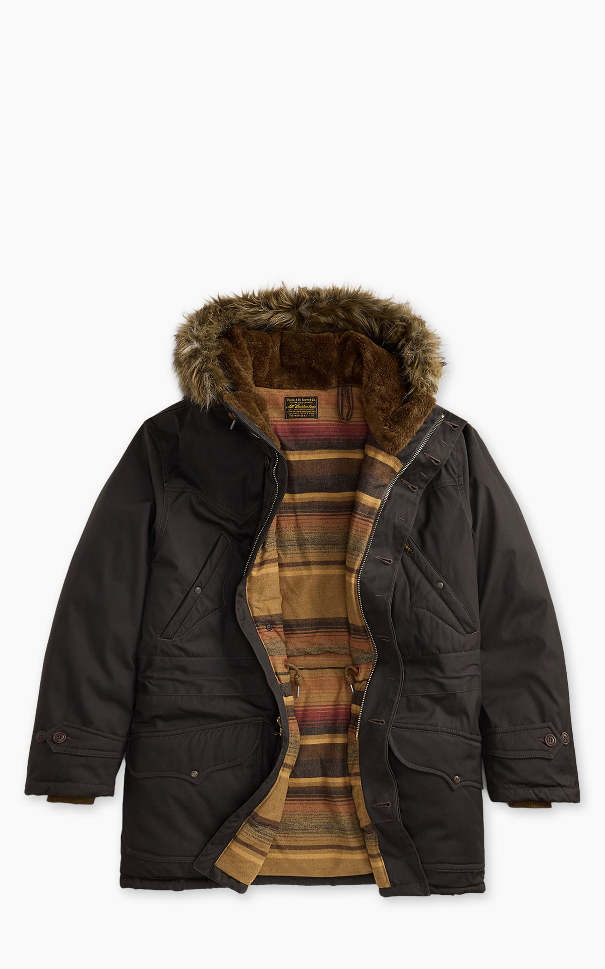 RRL Faux-Fur-Trim Coated Canvas Parka Washed Black