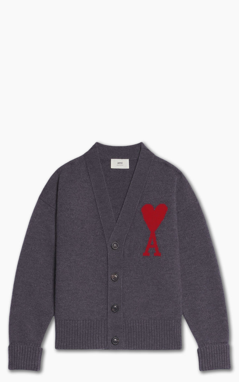 AMI Paris Ami De Coeur Cardigan Grey/Red