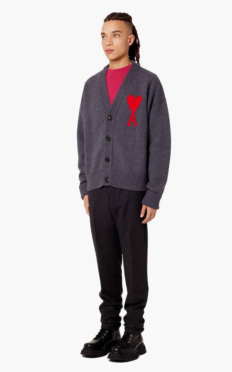AMI Paris Ami De Coeur Cardigan Grey/Red