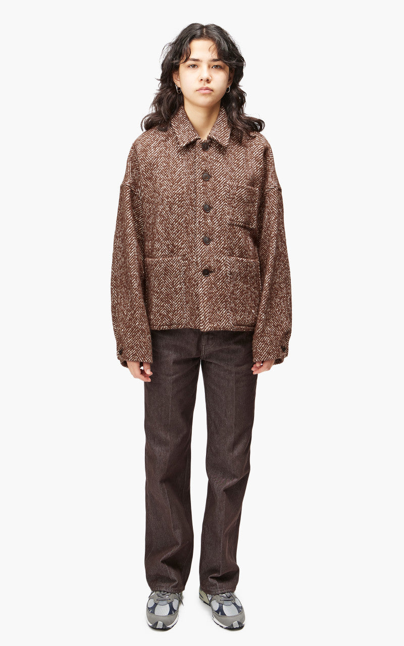 Auralee W Wool Alpaca Herringbone Tweed Short Blouson Brown Herringbone