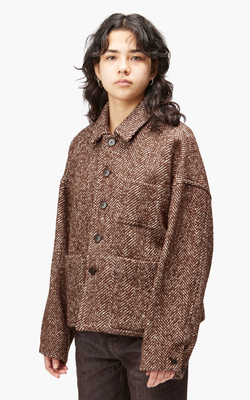Auralee W Wool Alpaca Herringbone Tweed Short Blouson Brown Herringbone