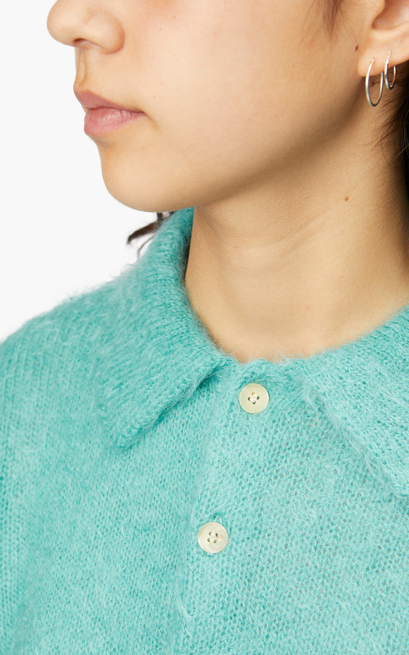 Auralee W Brushed Super Kid Mohair Knit Polo Blue