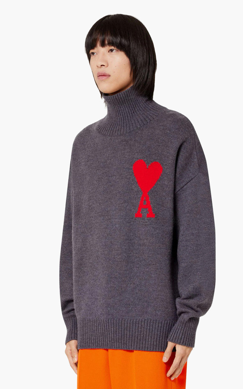 AMI Paris ADC Funnel Neck Sweater Knit Wool Grey/Red