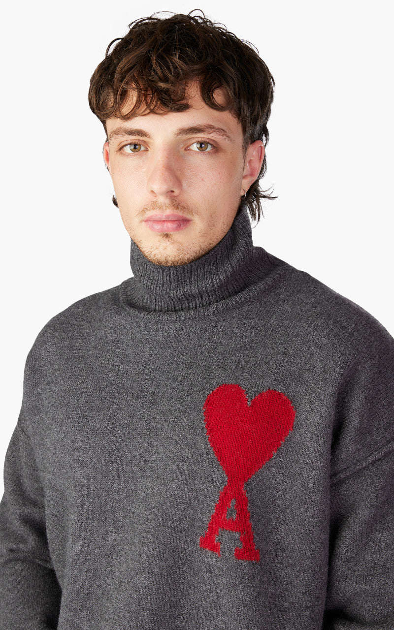 AMI Paris Red ADC Sweater Turtleneck Heather Grey/Red