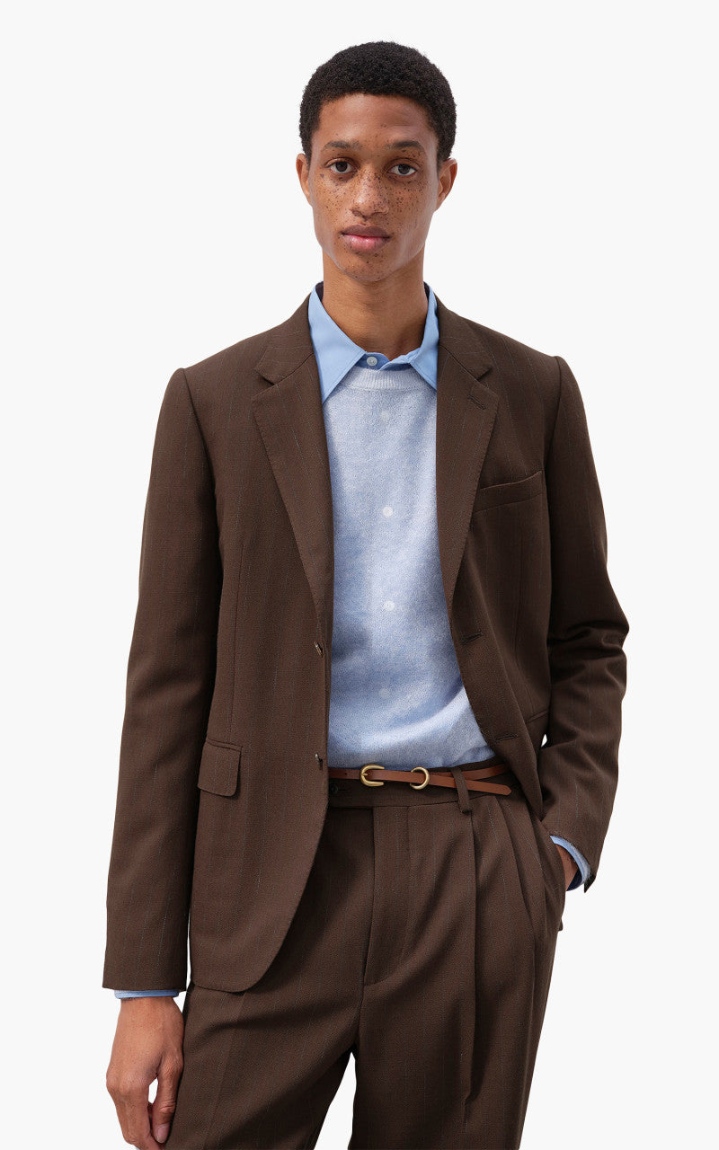 Auralee Hard Twist Wool Panama Stripe Jacket Brown Striped