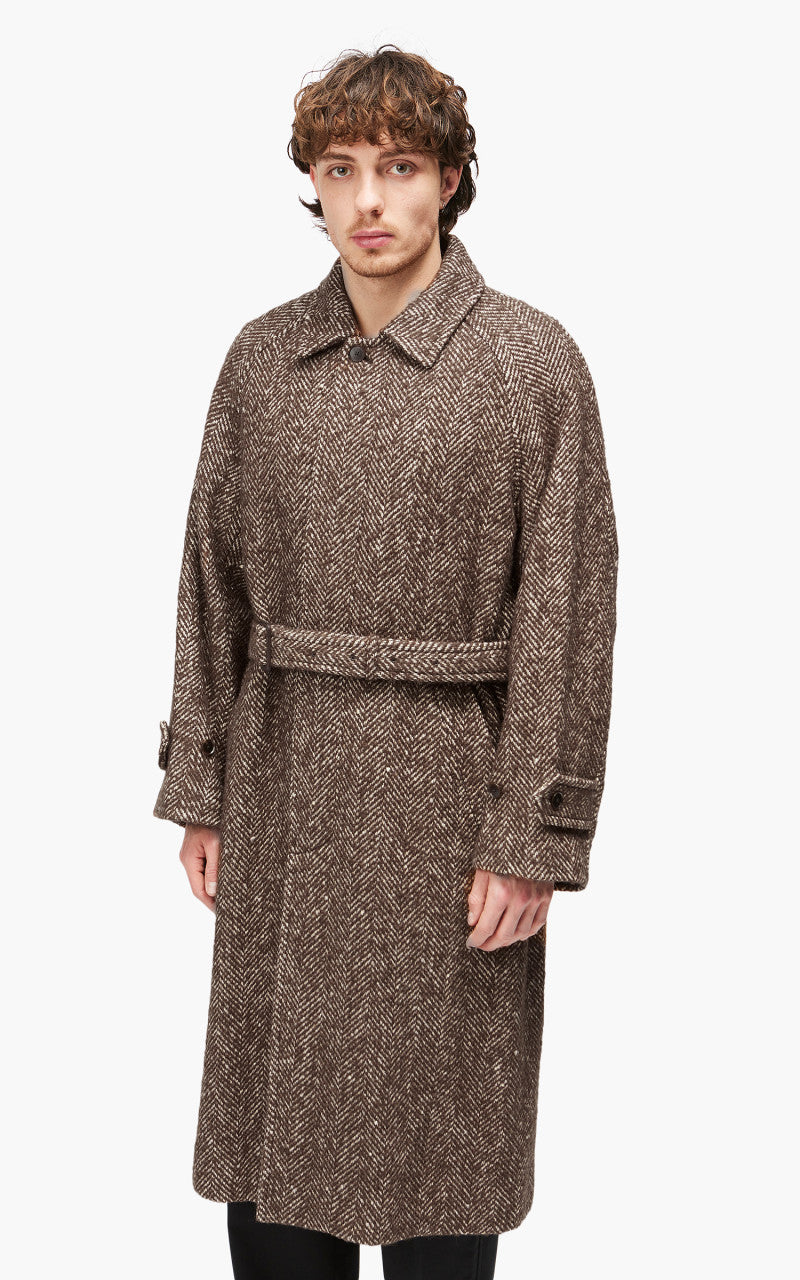 Auralee Wool Alpaca Herringbone Tweed Soutien Collar Coat Brown Herringbone