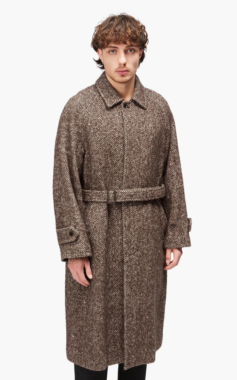 Auralee Wool Alpaca Herringbone Tweed Soutien Collar Coat Brown Herringbone