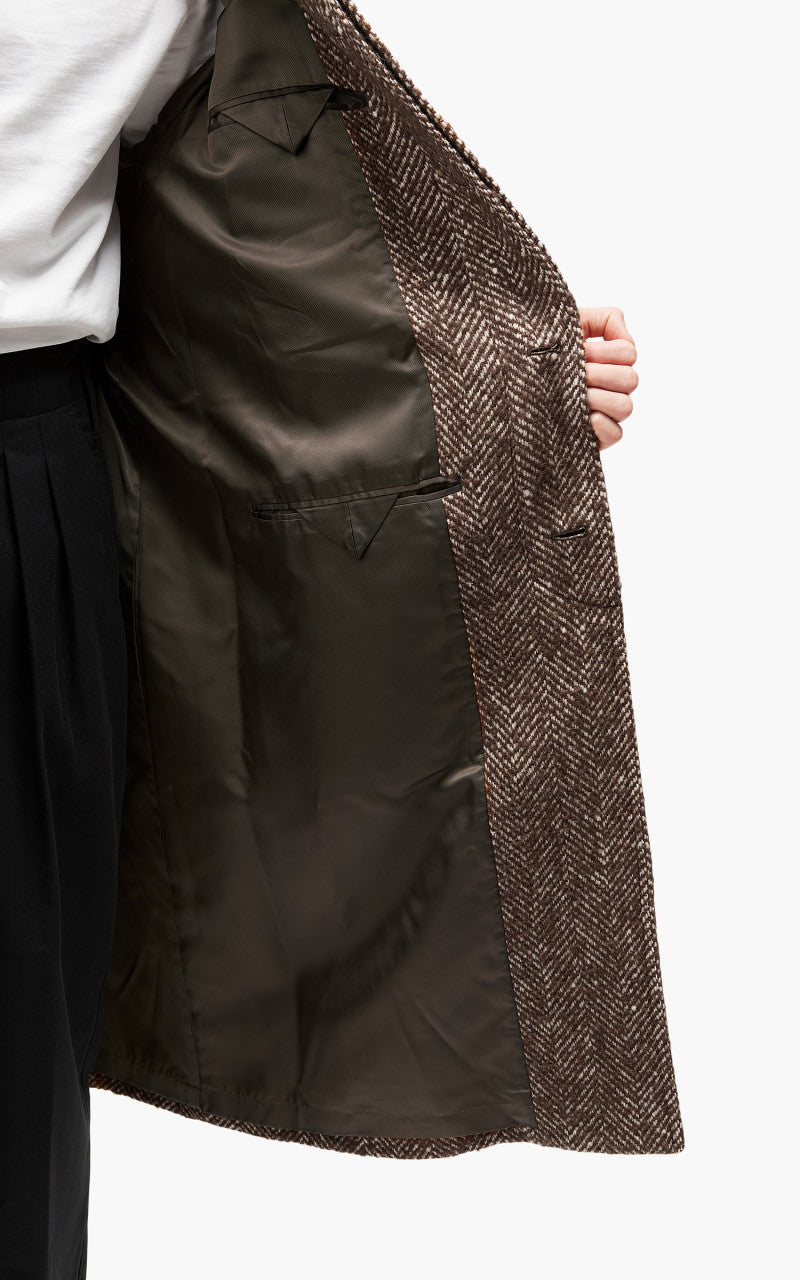 Auralee Wool Alpaca Herringbone Tweed Soutien Collar Coat Brown Herringbone